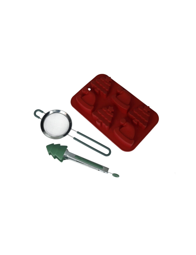 Set stampo biscotti Natale rosso in silicone con pinza in silicone e setaccio inox
